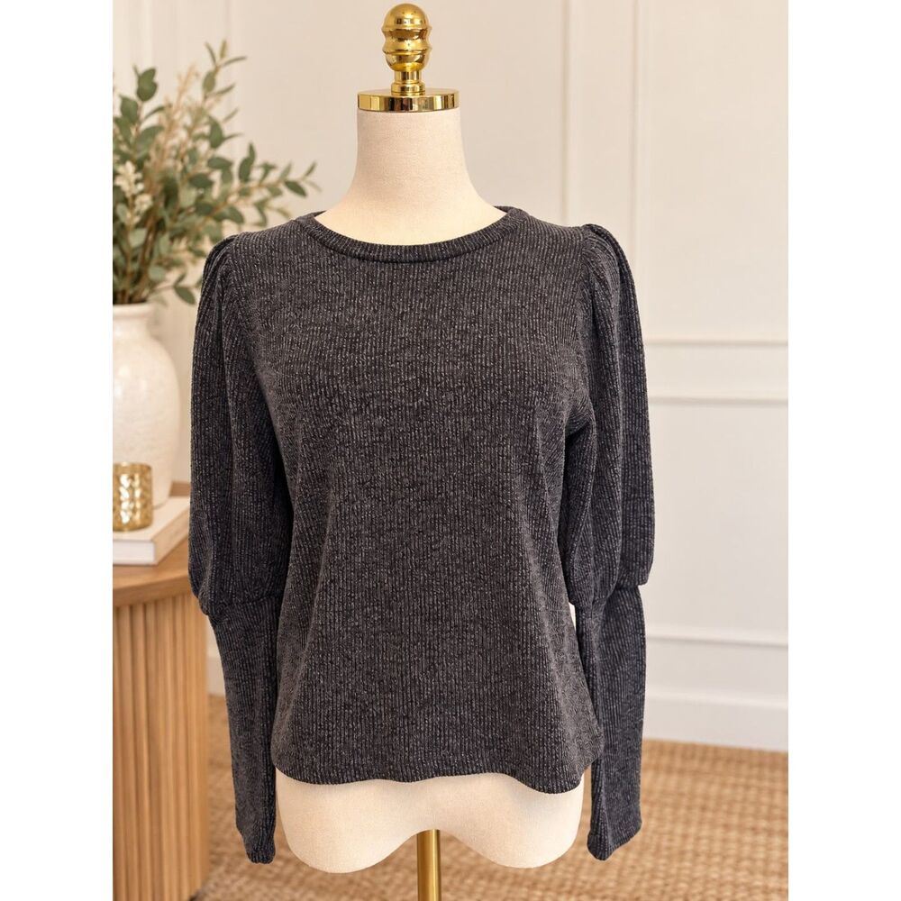ZARA Women’s Charcoal Gray Ribbed Puff Sleeve Top – Size L